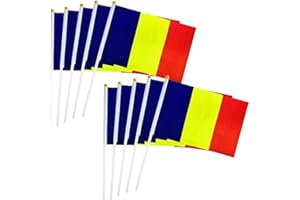 BIGTREE 50 Packs Romanian Flag Hand-hold Mini Small Flag Hand-waved of Romania with Plastic Sticks Party Parade Celebration Sports Football Game School Events Festival Outdoor Decoration