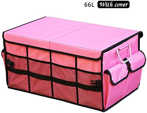 Auto Trunk Organizer 65L Large Capacity, Collapsible Rear Trunk Storage Organizer Non-slip, Car Storage Organiser Bag with 2 Sub-Dividers, Velcro,Metal Handle&amp;Separate mesh pockets (Color : Pink)