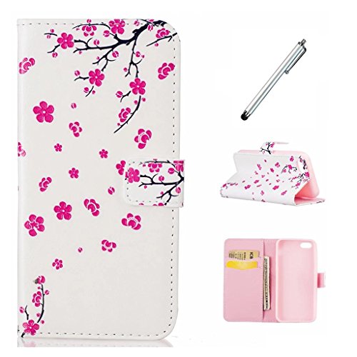 MUTOUREN für iphone 6 Plus/6S Plus (5.5 Zoll) Hülle Schutzhülle PU Leder Bookstyle Handyhülle Brieftasche Wallet Schale Portemonnaie Klapphülle mit Standfunktion Taschen kratzfeste Stoßfest Magnetic Snap Bumper Schale - Plum Blume + Stylus Touch Pen