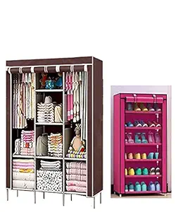 RAXON WORLD (Combo of 2) Collapsible Wardrobes 6+2 Layer Fancy and Portable Foldable Collapsible Closet/Cabinet with 6 Layer Shoe Rack (Pink)