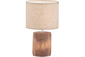 Fischer & Honsel Lampa stołowa Malik, lampa do betonu o wyglądzie drewna z abażurem z materiału i przełącznikiem sznurkowym, beton w kolorze drewna i lnu w kolorze piaskowym, wysokość: 35 cm