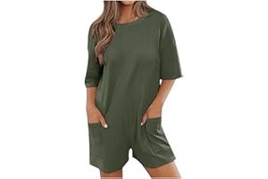 Keepink Oversized Rompers for Women 2024 Summer Casual Short Jumpsuits Half Sleeve Crew Neck Loose T-Shirt Romper with Pockets Athletic Workout Onesie Ladies Short Overalls Trendy