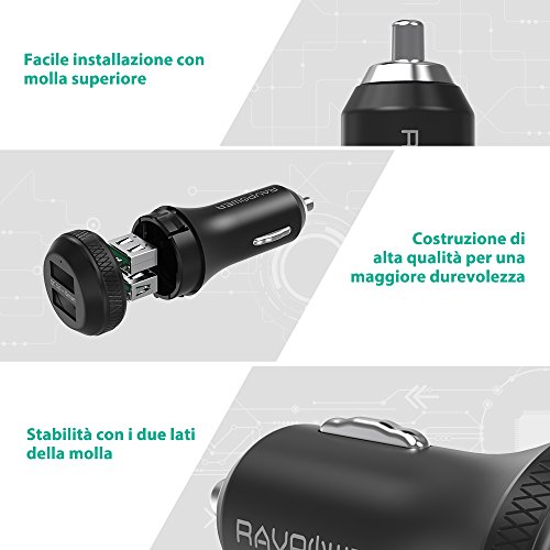 RAVPower Caricabatterie Auto Quick Charge 3.0 36W con 2 Porte - Include un Cavo Micro USB