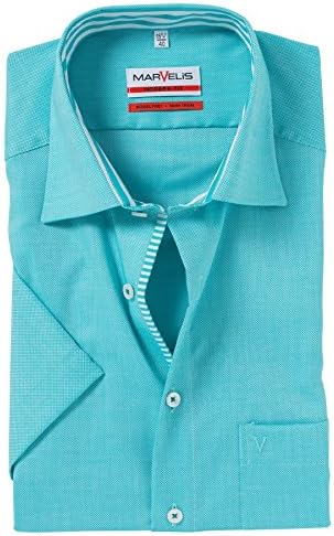 MARVELIS Mens Slim Modern Fit Non Iron Pure Cotton Short Sleeve Shirt Turquoise Textured Spread Collar 44/17.5"