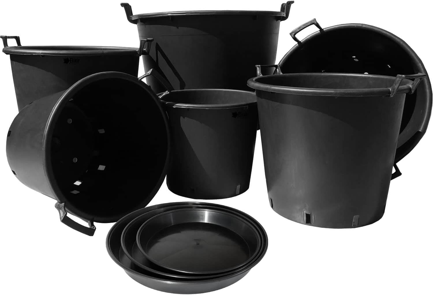Elixir Gardens Large Plastic Recycled Plastic Plant Pot With Handles | 30, 35, 50, 75, 90, 110 & 130 L Sizes with Optional Saucers | Tree, Shrub & Garden Container/Feed Bucket | 50 Litre + Saucers x 2
