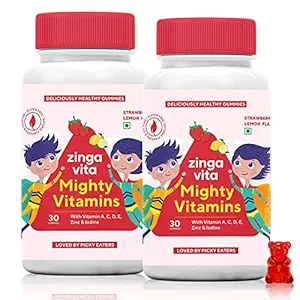 Zingavita Multivitamin Gummies for Kids, Essential Multivitamins & Minerals for Healthy Growth, Strawberry & Lemon Flavour Gummy Bears, 2 Month Pack