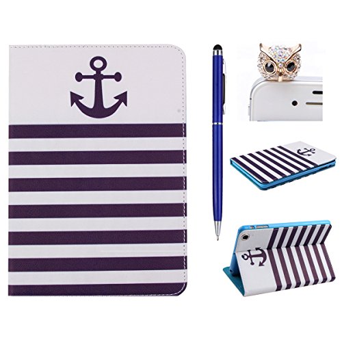iPad mini Lederhülle - Felfy Slim Full Body Dunkelblau Anker und Streifen PU Case Cover Etui Schutz Hülle Tasche für Apple ipad mini 3 mini 2 mini 1 + 1x Bunte Eule Anti Stöpsel + 1x Dark Blue Stylus