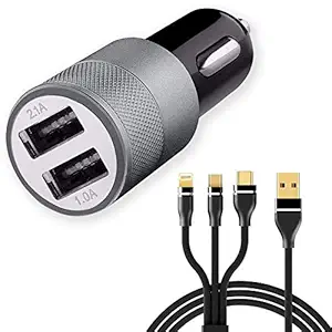 Fast Dual Port Car Charger for Maruti Suzuki Alto K10 Car Charger Dual Port USB High Speed Rapid Fast Turbo Metal Android Car Mobile Charger Smart Charging with Quick Charge 3.0 with 3 in 1 android type-c and ios USB Data Cable | Smart Charging with Quick Charge (3.1 Amp, Random)