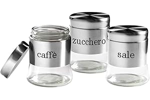 BUYSTAR Tris Set 3 BARATTOLI, Porta Sale, Zucchero, caffè, Set BARATTOLI in Vetro e Acciaio Inox, Tris Barattoli 750ml