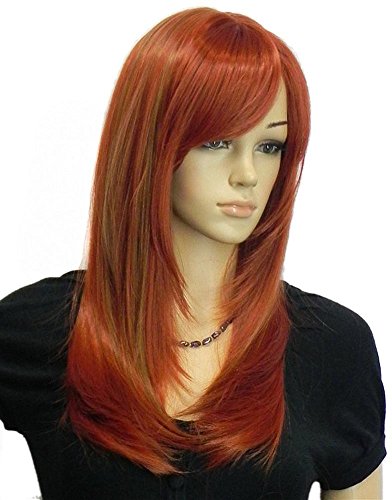 THZ Women's Long Straight Mixed Color Wine red and Brown Oblique Bangs Kanekalon Heat-resist Full Hair Wig