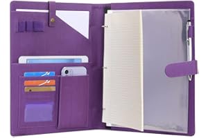 Wonderpool Porte-documents en Cuir A4 Padfolio Anneaux Planchettes à pince Classeur Ramovible avec Portebloc Notes et Organiseur Multi-poches pour Bureau Conférence Réunion et Travail (Violet)