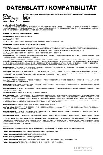 WEISS Notebook Akku für Acer Aspire 5552G 5750 5560V3 5560G 5733 5733Z 5736Z 5741 5741G 5741Z 5741ZG 5742 5742G 5742Z 5742ZG 7560 7560G 7741 7741G 7741Z 7741ZG 7750 7750G 7750ZG AS5741 5741-5698 5741-5763 5741G-332G50Mn 5741G-5452G50Mnck 5741G-5452G50Mnkk 5741G-5452G50Mnsk 5742Z 5742Z-P614G32Mnkk 6600mAh Li-Ion - 2