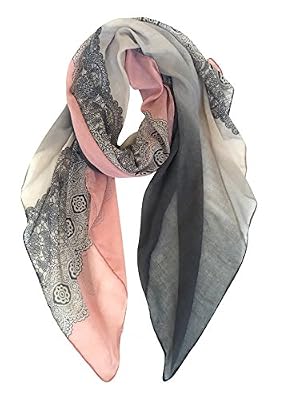 DAMILY Foulard Femme Motif de Dentelle Écharpe Châle Doux (Gris+Rose)