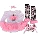 TANZKY® Baby Girls 4PCs Birthday Infant Long Sleeve Princess Tutu Dress Leopard Print Leggings Shoes Headband (9-12Months)