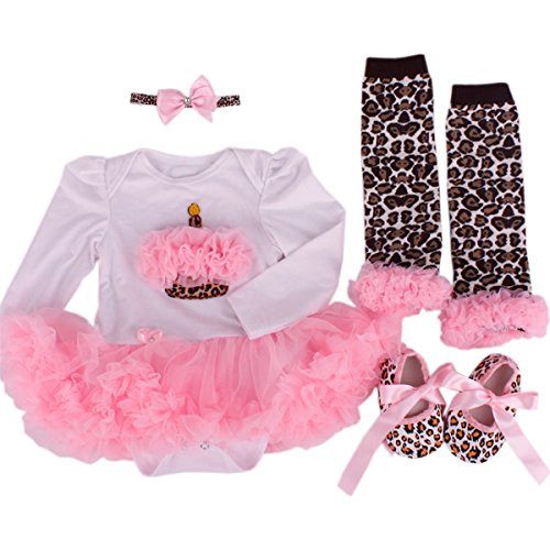 TANZKY® Baby Girls 4PCs Birthday Infant Long Sleeve Princess Tutu Dress Leopard Print Leggings Shoes Headband (9-12Months)