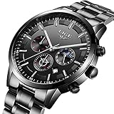 LIGE Montres Hommes Imperméable Acier Inoxydable Sport Quartz analogique Montre homm Décontractée Chronographe Phase de Lune Militaire Noir Montre-Bracelet