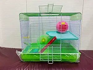 Lovely PET'S Kingdom- Cage/Playhouse for Dwarf Hamster/Gerbil/Mice with a foodcup,Water Bottle,Exercise Wheel with Spacious one Slide cage with House {43 x 26 x 36 CMS }- [ Colors May Vary] M033