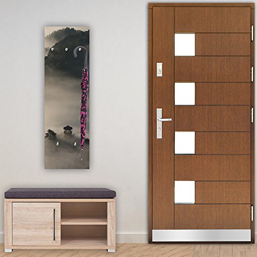 Feeby, Deco Panel Aufhänger, Kleiderhaken, Wandgarderobe, Garderobe, Wandecor Bilder mit hänger, 5 haken, NEBEL, BÄUME, NATUR, AUSSICHT, LANDSCHAFT, GRAU, GRÜN