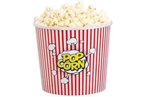 CABLEPELADO Cubo de palomitas, Recipiente para Palomitas, Balde de Palomitas, Envase de Cine para Palomitas, Diámetro superior 15 cm, Diámetro inferior 10 cm, Altura 18 cm, Rojo y Blanco, Plástico
