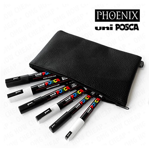 Posca PC-1MR/PC-3M/PC-5M Uni Feutres Noir/blanc + Phoenix Trousse aspect cuir