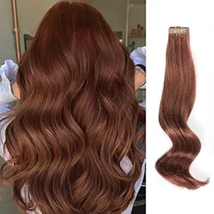 Amazingbeauty Semi-permanent Real Remi/Remy Human Tape Hair Extensions 50g/20pcs Skin Weft Taped Invisible Seamless Reusable Auburn Color #33 18 Inch