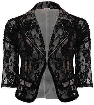 Ladies 3/4 Sleeve Lace Lined Frill Puff Shoulder Zip Women's Smart Shrug Blazer