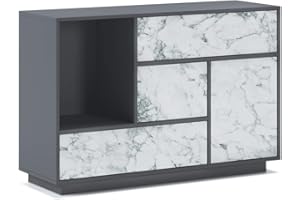 Skraut Home - Madia per Soggiorno o Sala da Pranzo - 80 x 120 x 40 cm - Buffet con 1 Anta + 3 Cassetti - Modello Marbre - Legno Resistente - Finitura Grafite/Marmo Bianco