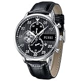 BUREI Chronograph Herrenuhr Big Face Herren Armbanduhr mit Datumsanzeige und schwarzem Kalbslederband (schwarz)