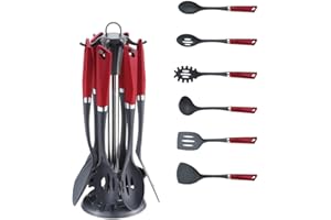 Posten Anker Lot de 7 ustensiles de cuisine en nylon rouge - Ustensiles de cuisine avec support - Accessoires de cuisine - Équipement de cuisine - Ustensiles de cuisine - Spatule - Cuillère à soupe -