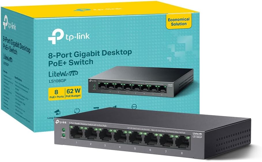 TP-Link LS108GP 8 Port Full Gigabit PoE+ Switch, Network Switch, Power Saving, Plug & Play, Metal Case, Ethernet Switch, 802.3af/at 30W, 62W Total Budget, Ethernet Splitter, Silent Operation