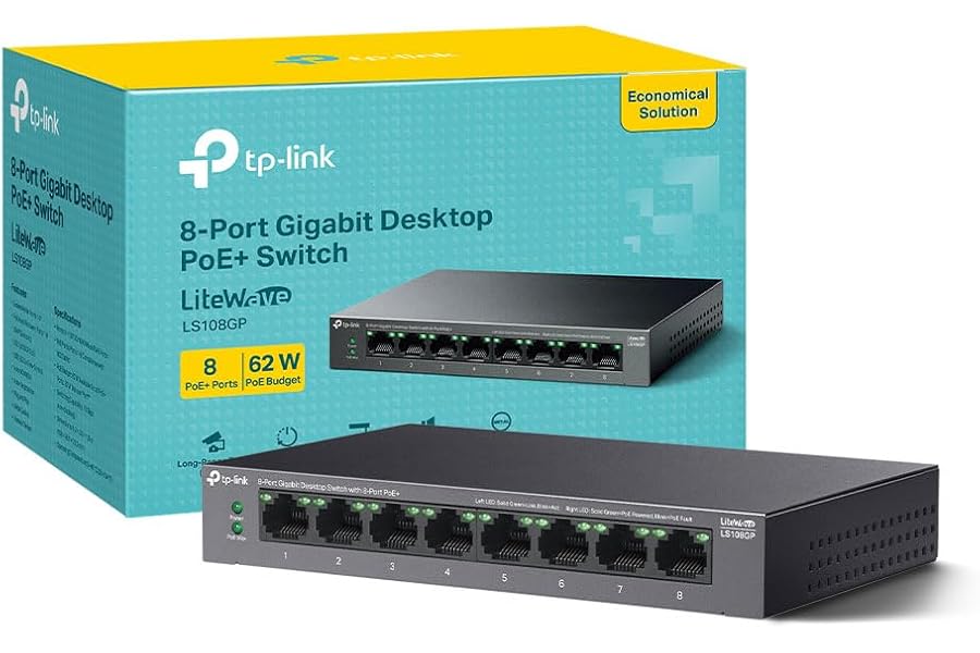 TP-Link LS108GP 8 Port Full Gigabit PoE+ Switch, Network Switch, Power Saving, Plug & Play, Metal Case, Ethernet Switch, 802.3af/at 30W, 62W Total Budget, Ethernet Splitter, Silent Operation