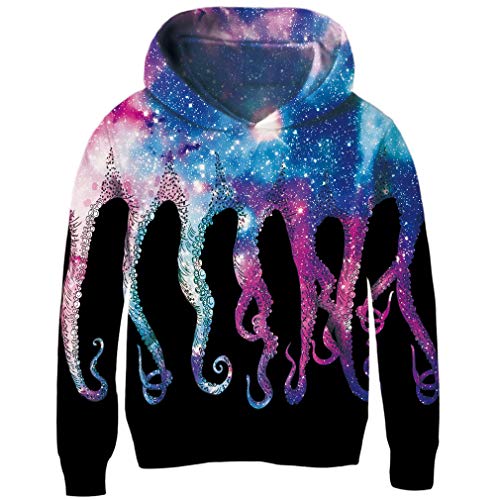 RAISEVERN Jungen Mädchen Sportswear Langarm-Sweatshirts Bequeme Fleece-Hoodies 3D-Druck Octopus Galaxy Pullover für Kinder Teens Zuhause draußen