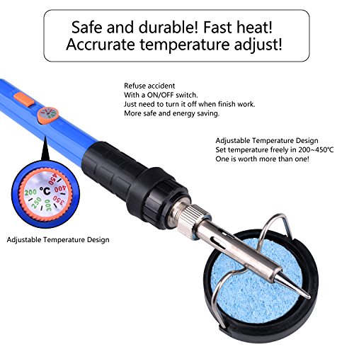 Lötkolben set 8-in-1 Soldering Iron kit Kuman 60W with ON/OFF Switch Adjustable Temperature soldering iron, 5pcs Different Tips, Tin Wire Tube, Desoldering Pump, Stand, Anti-static Tweezers and Solder Tip Cleaning Wire with a Tool Case P8300 - 2