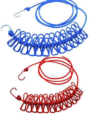 Elastic Clothesline,2Pcs Portable Travel Clothes Lines Adjustable Windproof Clothes Rope With 12pcs Clothespins for Outdoor and Indoor