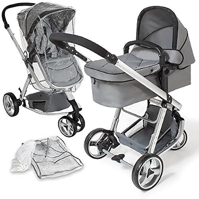 TecTake 3 en 1 poussette canne de voyage voiture d’enfants combinable poussette Baby Jogger voiture d’enfant sport gris + moustiquaire + habillage pluie