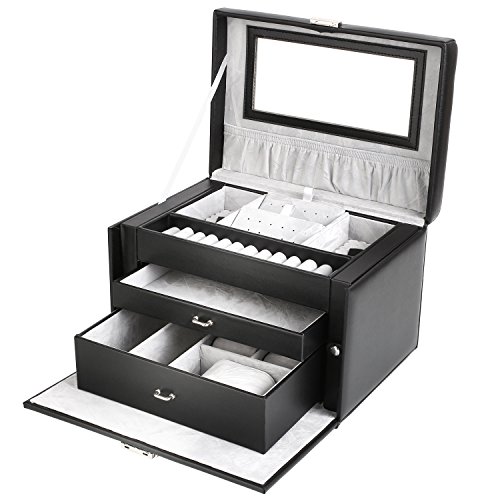 Femor Schmuckkästchen abschließbar Schmuckkoffer mit 3 Schubladen Schmuckkasten mit Minibox und Innenspiegel(Schwarz) - 3