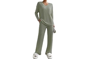 JENJON Femme Ensemble de Costume 2 Pièces Manches Longue Tricot Côtelé Pantalon Droit Survêtement Col en V Automne Hiver