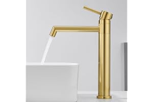 Ulytid Grifo Lavabo Dorado, Grifo Lavabo Alto Giratorio de 360°, Grifo de Baño Oro Cepillado de Acero Inoxidable, Monomando con Altura Del Caño de 204 mm, Agua Fria y Caliente Disponible