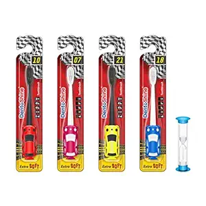 DentoShine ZIPPY Extra Soft Toothbrush for Kids (Ages 3+) (Red, Pink, Yellow, Blue, with 2 min Manual Timer, Pack of 4 designs)