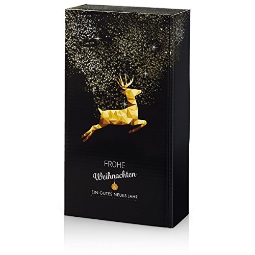 Preisvergleich Produktbild 1 Verpackungseinheit (25 Stück) Präsentkartons Goldhirsch-Motivdruck, innen schwarz<br / >für 2 Flaschen Wein / Sekt inkl. Einlage<br / >Innenmaße: L 360 mm x B 180 mm x H 90 mm