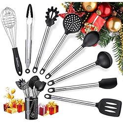 Godmorn Ustensiles de Cuisine, 9 Pièces Ustensiles de Cuisine en Silicone avec poignée en Acier Inoxydable, Écumoire,Louche, Spatule,Cuillère à pâtes - Anti-Rayures pour Casseroles et Pots