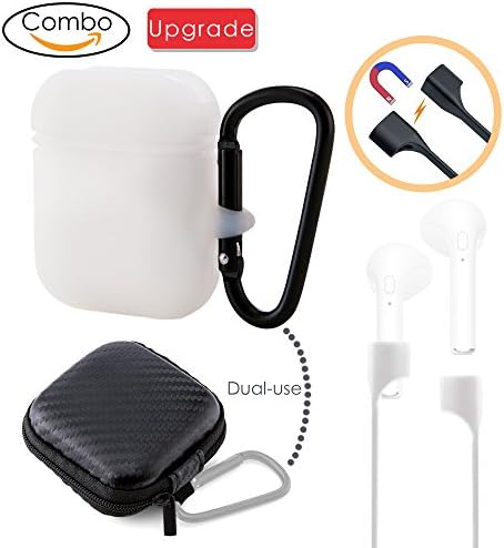 Oarco 1x Premium Quality Sport Shock Resistant Silicone Case for Apple AirPods+1x Strap with Magnetic Adsorption+1x Shockproof Carring EVA Case with Carabiner, Airpods Skin Cover Protective, White