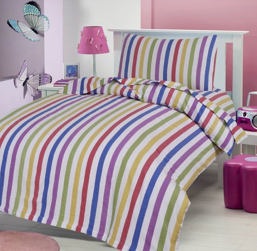 CANDY STRIPE 100% BRUSHED SOFT COTTON THERMAL FLANELETTE SHEET SET FITTED FLAT & PILLOWCASES COT BED/ TODDLER BED 70 X 140 CM