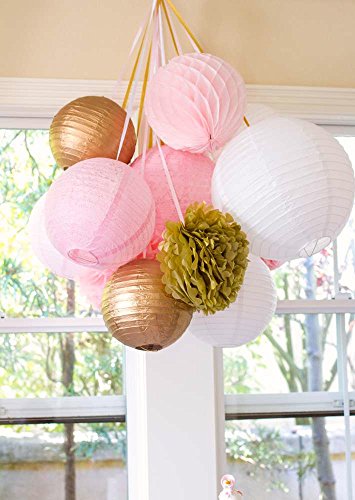 SUNBEAUTY 11er Set Gold Rosa Weiß Tissue Papier Honeycomb Wabenball Lampion Pom Poms Party Feier Geburtstag Hochzeit Dekoration - 2