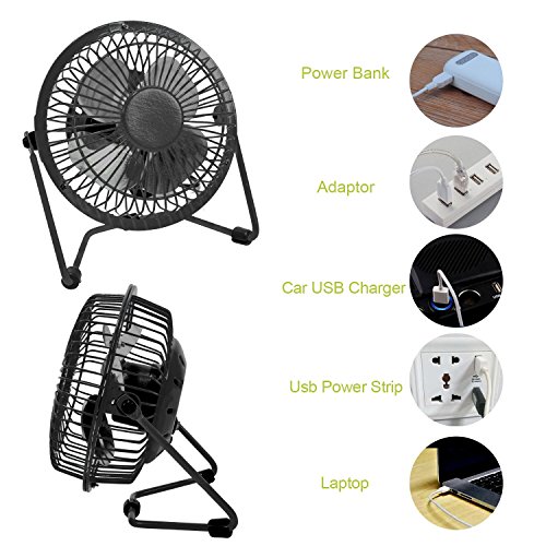 Mini Ventilator USB leise Computer Tischventilator Schreibtisch Lüfter Glamouric Tragbarer Windmaschine 4 Zoll 360°Drehbar anschluss Gehäuse Rotorblätter aus Metall Fan Für Büro Laptop (Schwarz) - 8