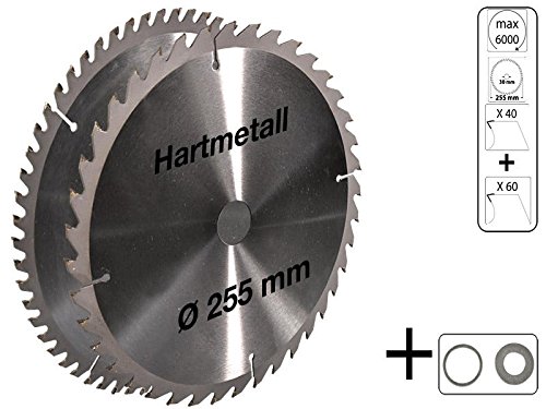 2 tlg Set Kreissägeblatt Hartmetall 255 x 30 mm 40 Z + 60 Z