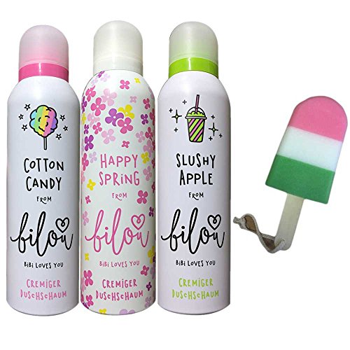 bilou Neuheiten-Set Duschschaum: Slushy Apple, Cotton Candy, Happy Spring (je 200 ml Flasche) + usy Duschschwamm