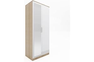 ELEGANT Modern High Gloss Soft Close 2 Doors Wardrobe with Mirror and Metal Handles Includes Removable Hanging Rod and Storage Shelves, White/Oak Bedroom Furniture Sets
