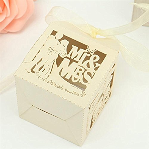 ULTNICE 50 Stück hohl Süßigkeiten Geschenke Boxen für Hochzeit Mitbringsel Dekor mit Ribbon, Beige - 3