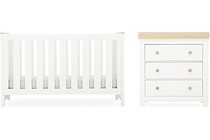 CuddleCo Luna Nursery Furniture Set (2 Piece) | Convertible Baby Cot Bed and Baby Changing Table with Drawers | White & Oak